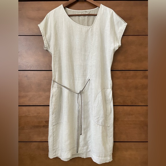 Sandwich Linen Dress EU 38 Beige Minimalist Shift Tie Waist Pockets Neutral - Picture 3 of 14